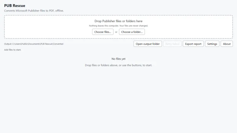 The empty PUB Rescue window with the drop area and the Choose files and Choose a folder buttons