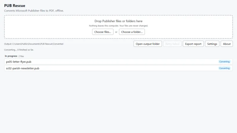 Two Publisher files converting, each marked Converting