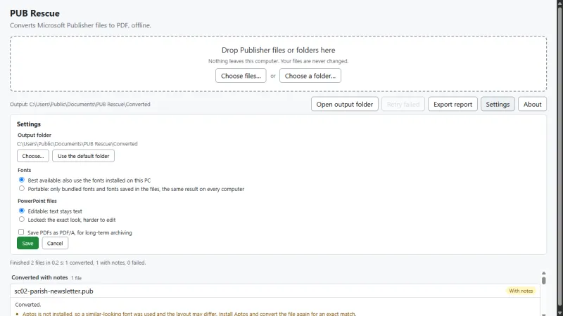 Settings for the output folder, font mode, PowerPoint editing mode and PDF/A