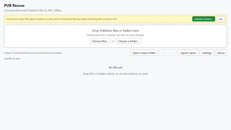 The trial banner with the Activate a licence and Buy buttons