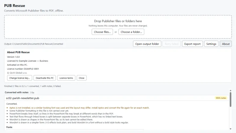 The About panel showing version 1.0.0 and a Business licence activated on this PC